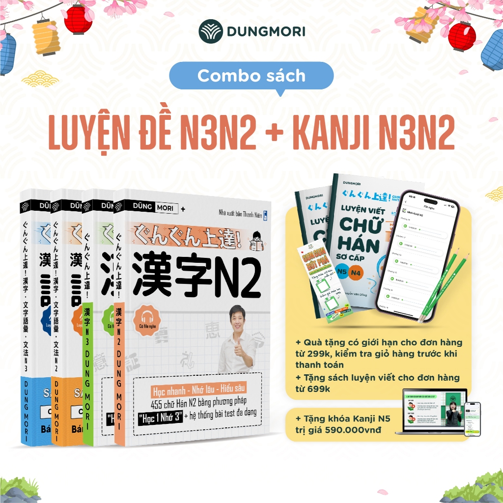 Combo bứt phá 4 cuốn sách Kanji N3, Luyện đề N3, Kanji N2, Luyện đề N2 Dungmori