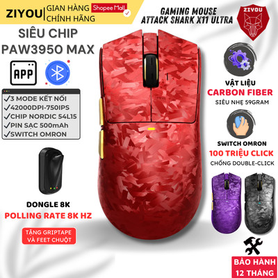 Chuột Gaming Không Dây Attack Shark X11 Ultra Vật Liệu Carbon, Sensor PAW3950MAX, Dongle 8000Hz