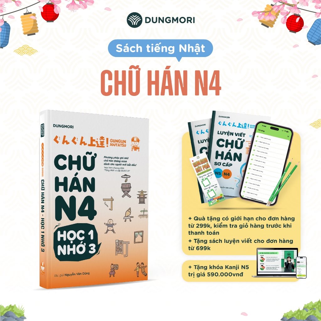 Sách - GUNGUN JOUTATSU KANJI N4 - Sách luyện chữ Hán JLPT N4 Dũng Mori