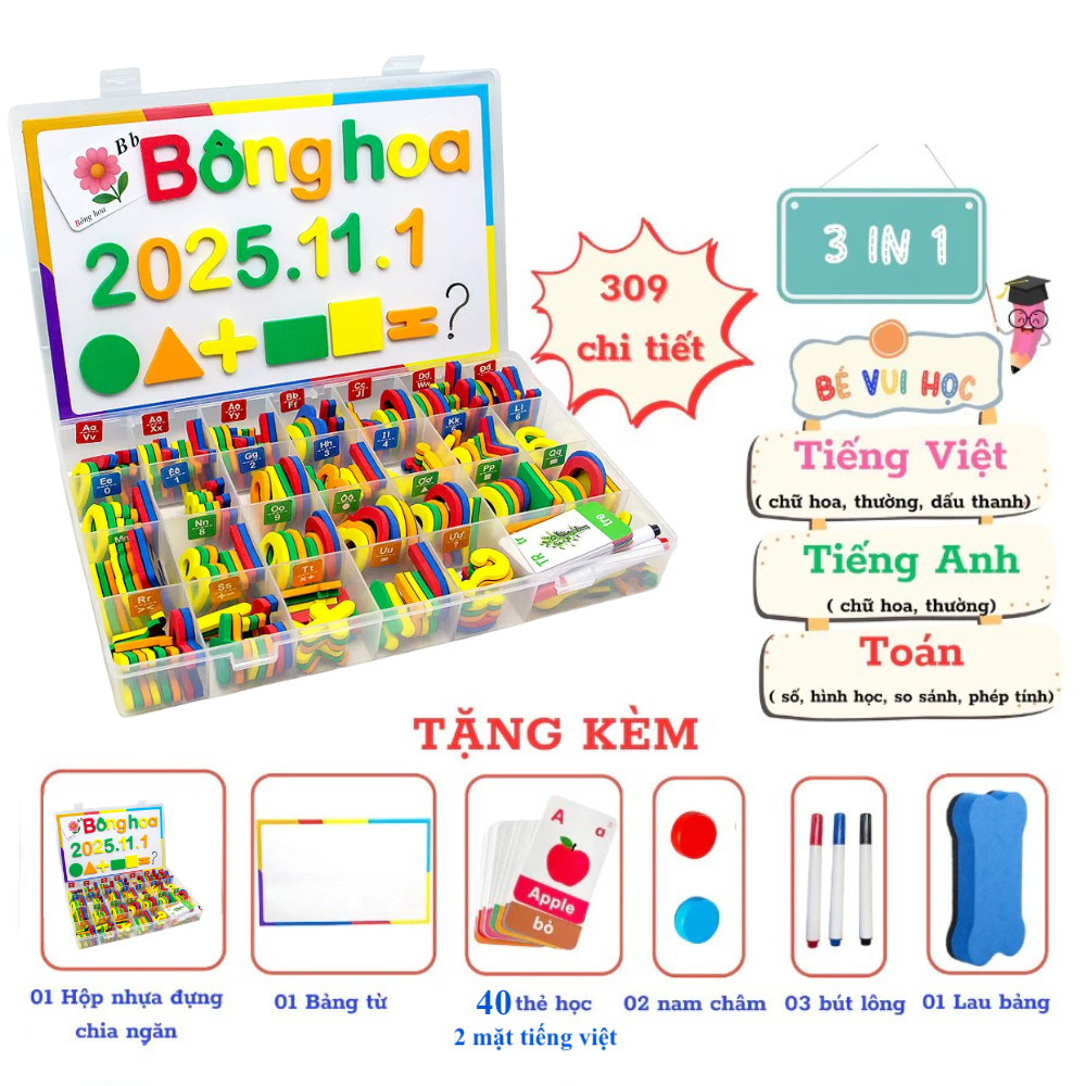 Bảng Số Và Chữ Cái Nam Châm Song Ngữ Việt - Anh Gồm 309 Chi Tiết, Tặng Kèm Bảng Từ, Thẻ, Bút Lông