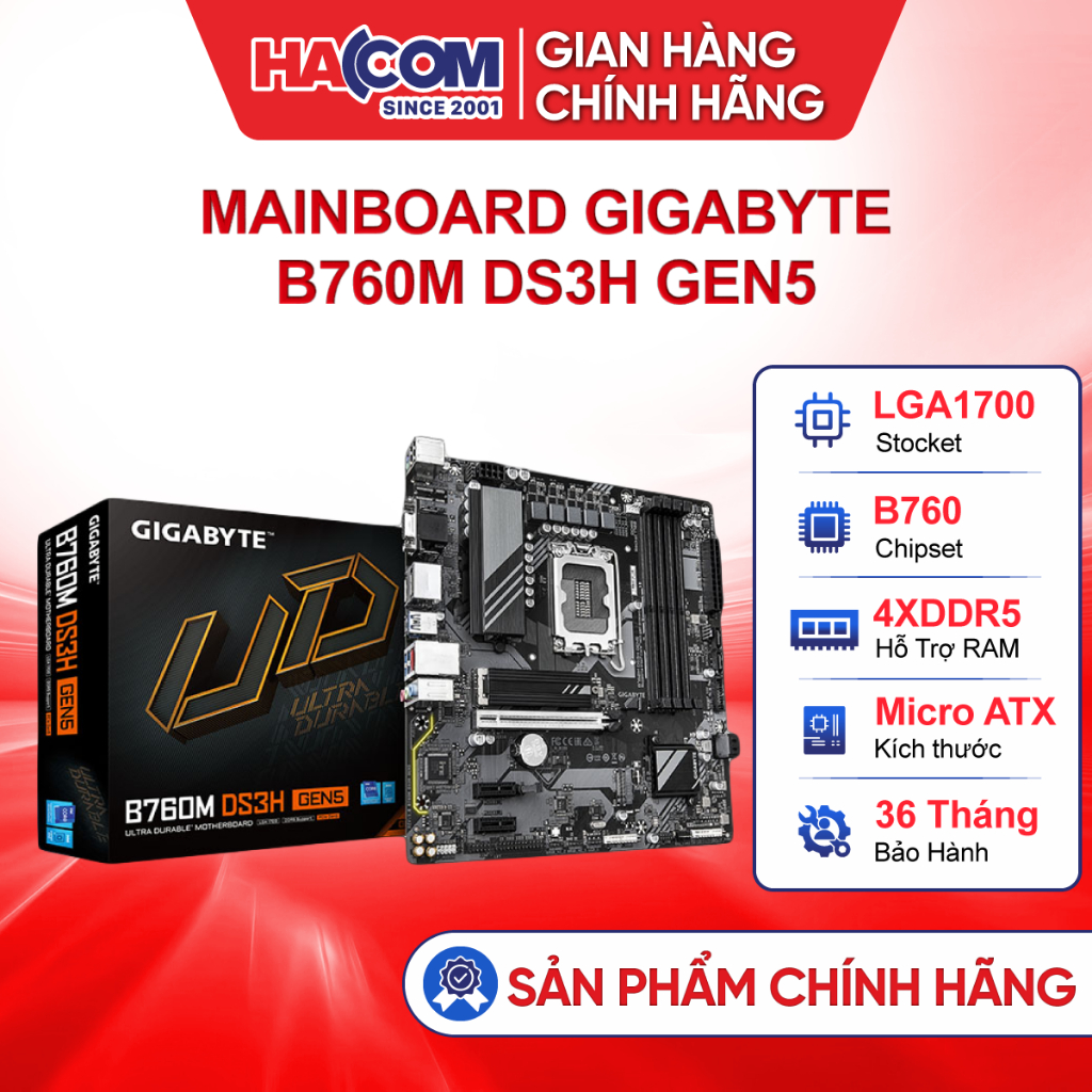 Bo Mạch Chính/Mainboard Gigabyte B760M DS3H DDR4 Chính Hãng - BH 36 Tháng HACOM PC