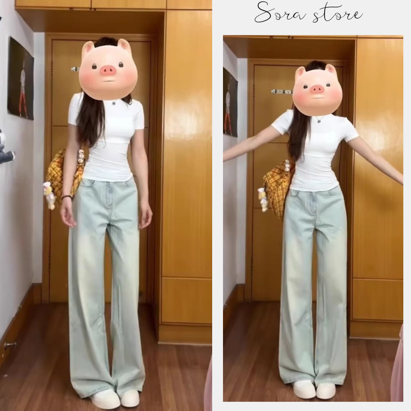 Quần Jean Ống Rộng Màu Xanh Bạc Sora, Quần Bò Ống Đứng Basic Cạp Cao Trẻ Trung | BigBuy360 - bigbuy360.vn