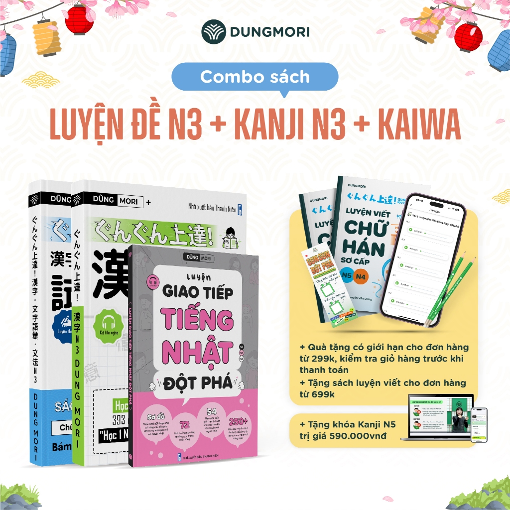 Combo 3 cuốn sách luyện thi JLPT N3, luyện kanji N3 và luyện kaiwa giao tiếp đột phá tiếng Nhật Dung