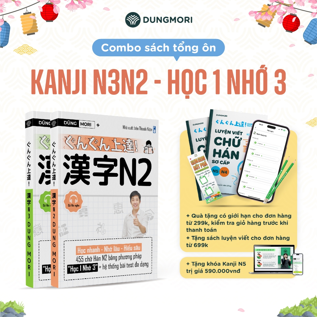 Combo 2 cuốn sách Kanji N3 và Kanji N2 sách học chữ hán tiếng Nhật DungMori