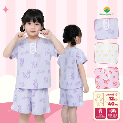Bộ mặc nhà bé gái chất Cotton dệt kim quần đùi, áo cộc tay in hình thời trang Việt Thắng - B63.6084