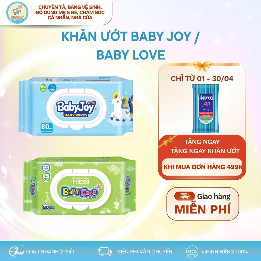 {BIBO SHOP} Khăn Ướt Baby Joy/ Baby Love - 80 Miếng nắp nhựa
