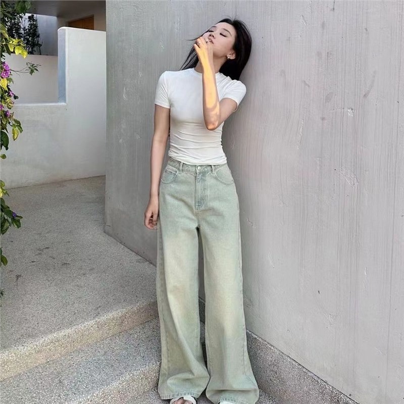 Quần Jean Ống Rộng Màu Xanh Bạc Sora, Quần Bò Ống Đứng Basic Cạp Cao Trẻ Trung | BigBuy360 - bigbuy360.vn