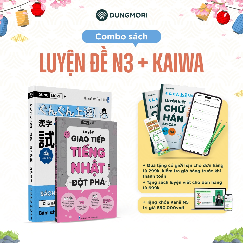 Combo 2 cuốn sách luyện thi JLPT N3 và luyện kaiwa giao tiếp đội phá tiếng Nhật Dungmori