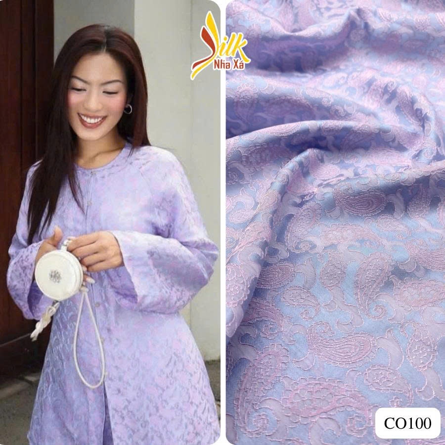 Lụa may áo dài-Nhaxasilk– hoa văn phương vũ màu xanh ánh tím – Co100
