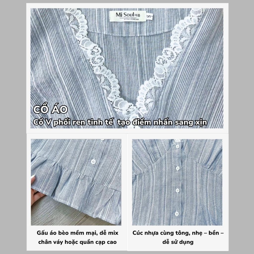 Áo Sơ Mi Nữ Cổ V Phối Viền Ren Tay Bồng Chất Thô Kẻ MiSoul 524, Áo Kiểu Cổ Ren Tay Con | BigBuy360 - bigbuy360.vn