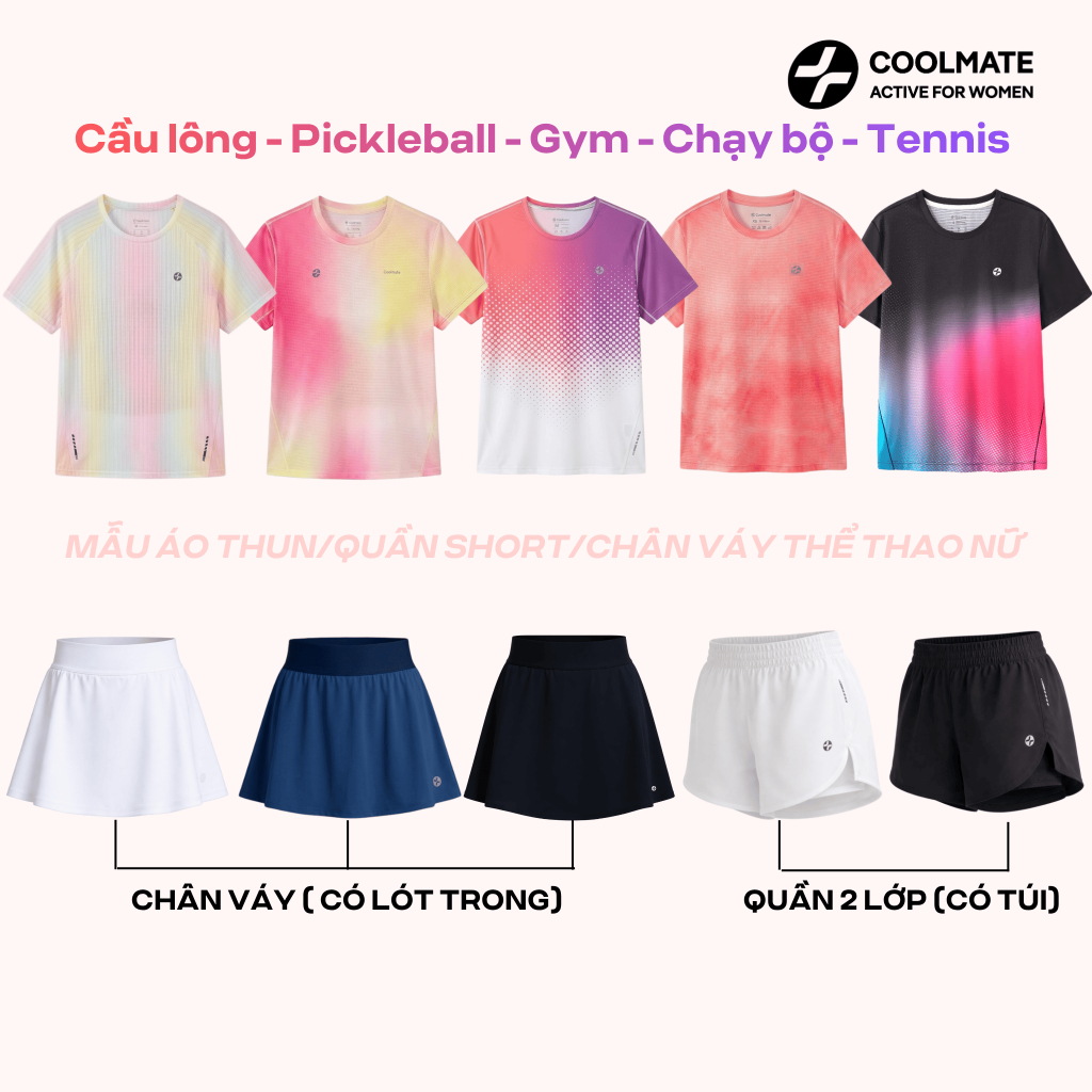 [MUA 2 GIẢM 10%] Đồ Thể Thao Nữ Áo Thun Chân Váy Quần Short chơi cầu lông tập gym pickleball thoáng 