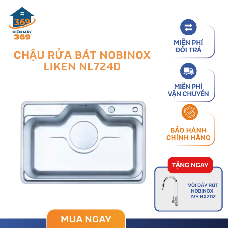 Chậu Rửa Bát Nobinox LIKEN NL724D – Dễ Vệ Sinh – Inox 304 Vân Siêu Mịn Chống Xước – SMC