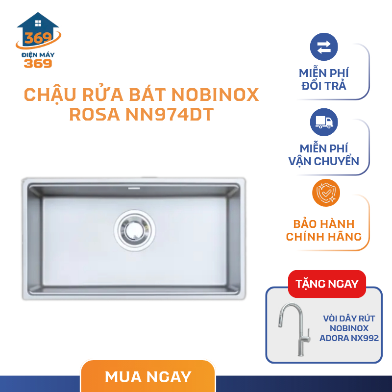 Chậu Rửa Bát Cao Cấp NOBINOX ROSA NN974DT – Chất Liệu Inox 304 – Chống Thấm Ngược – SMC