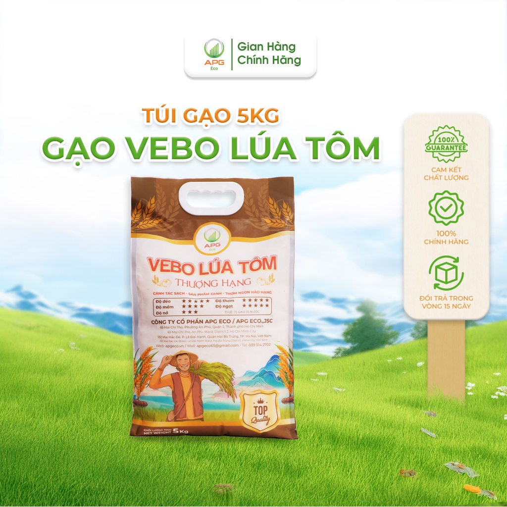 [SẢN PHẨM MỚI] Gạo VEBO Lúa Tôm Thượng Hạng APG ECO Gạo sạch, Mềm, Dẻo, Quy cách túi 5Kg
