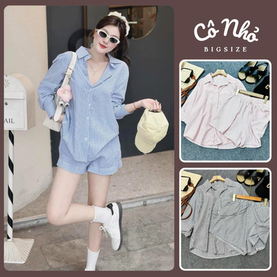 Set Đồ Bộ Bigsize Nữ Áo Sơ Mi Quần Đùi Kẻ Sọc Sành Điệu Mua Hè Đi Biển Cho Chubby SET974