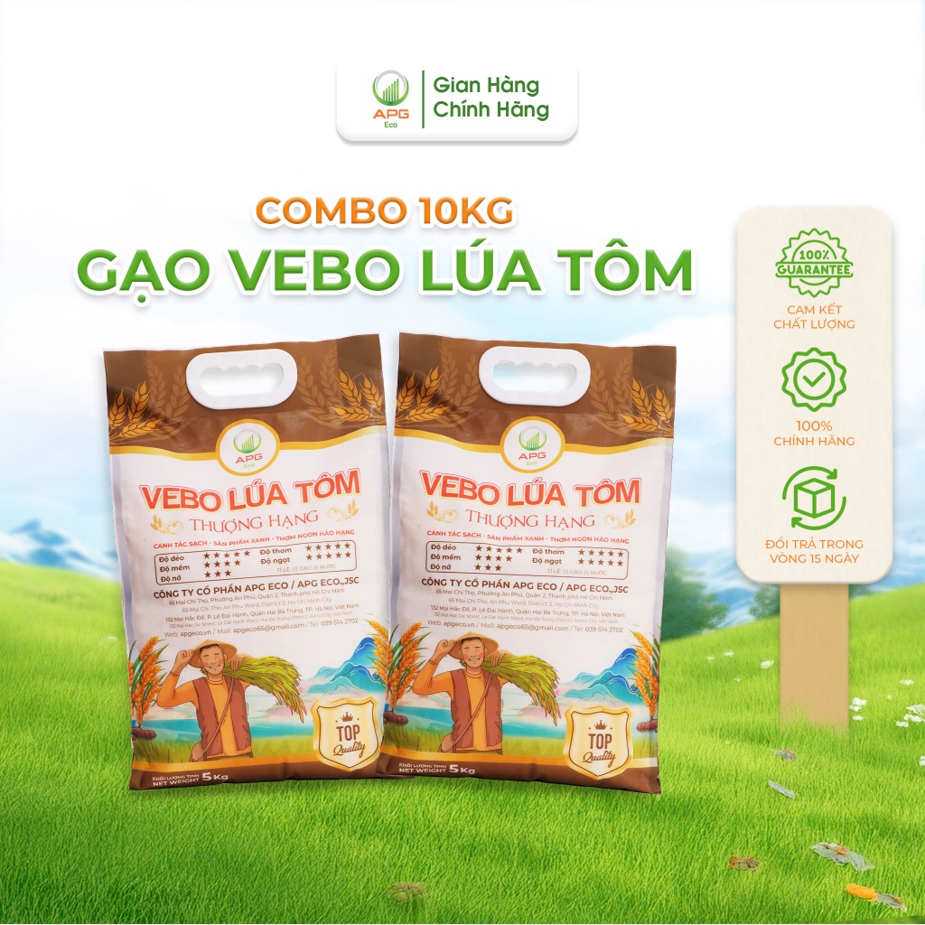 Combo 2 Bao Gạo 5kg VEBO Lúa Tôm APG ECO Thương Hạng Gạo sạch, Mềm, Dẻo, Quy cách túi 5Kg [Sản phẩm 