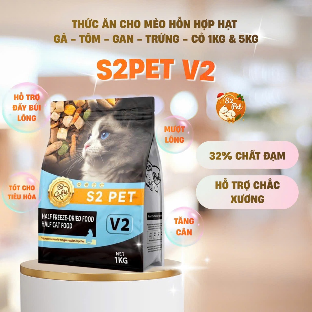 Hạt Mèo S2Pet V2 Plus 1kg Double Topping Đạm 32% Hỗ Trợ Búi Lông