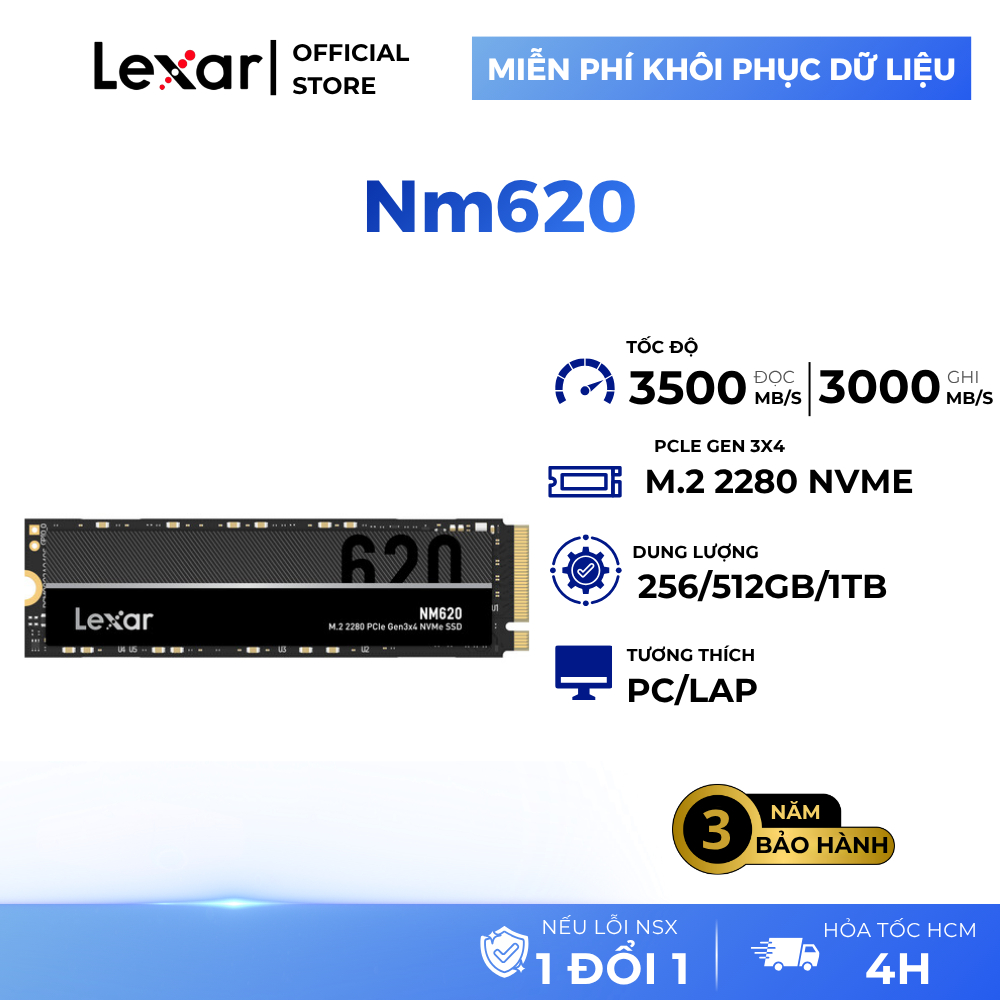 Ổ cứng SSD Lexar NM620 M.2 2280 Gen3x4 NVMe 256GB/ 512GB/ 1TB/ 2TB, Tốc độ đọc 3500Mb/s, Bảo hành ch
