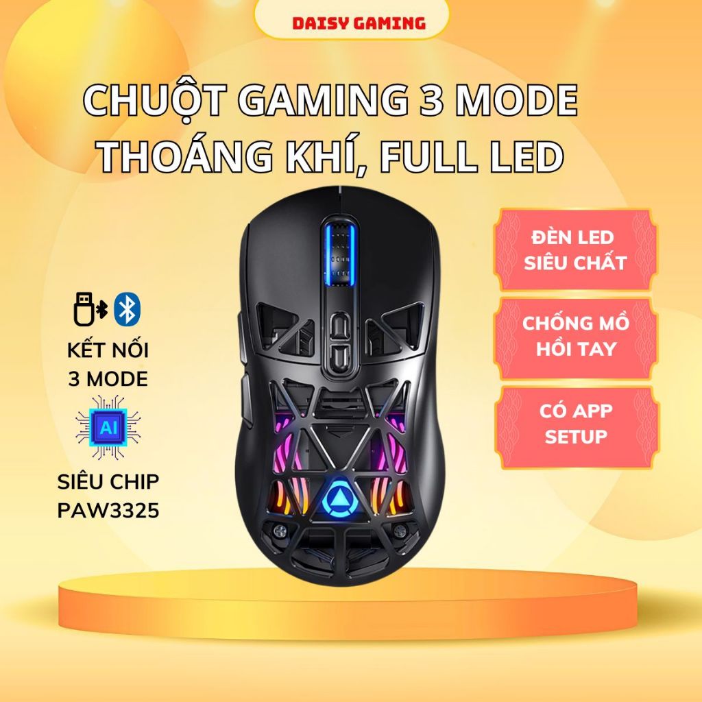 Chuột gaming không dây YINDIAO G17 bluetooth pin sạc nhẹ có lỗ chip PMW3325 3 mode wirless 2.4g RGB 