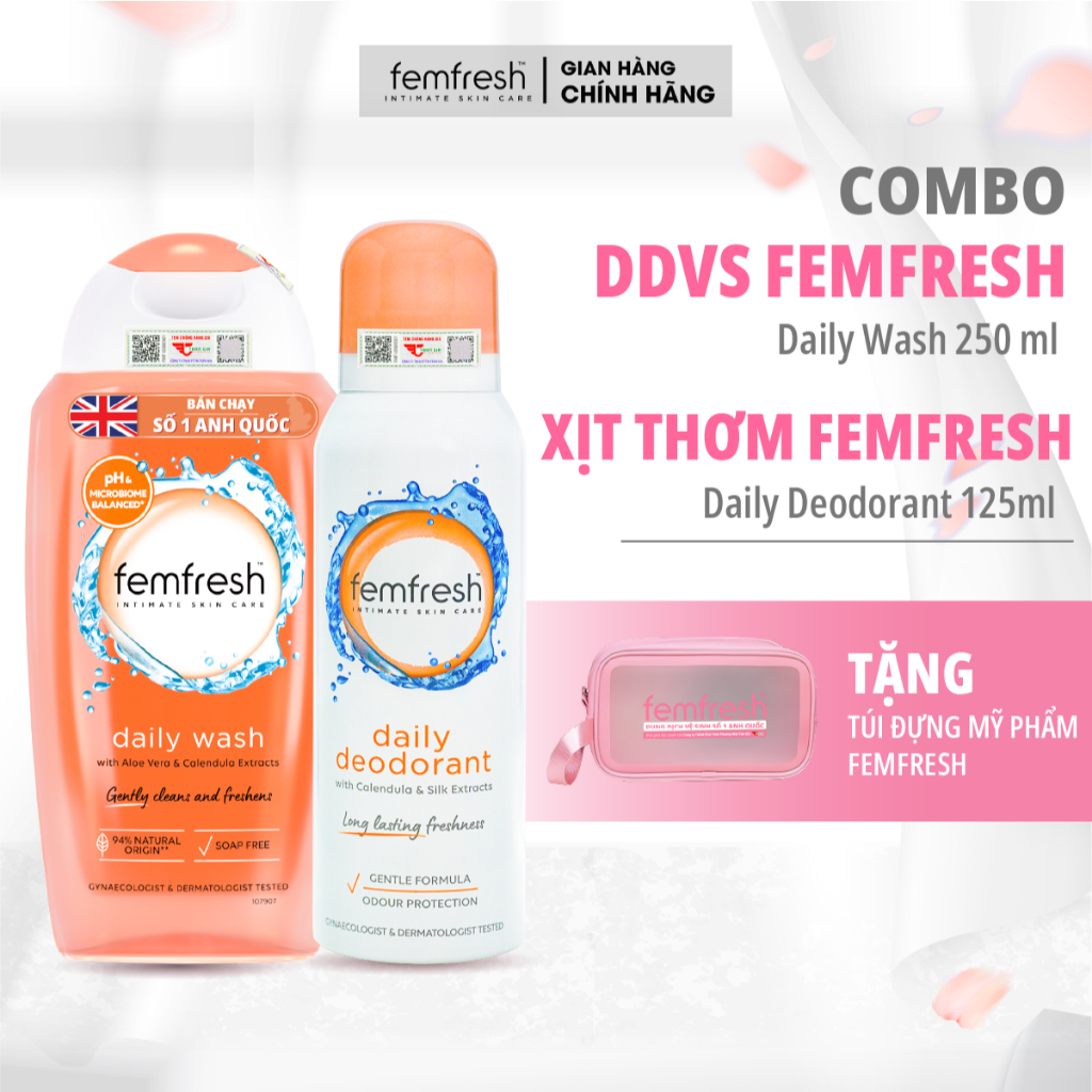 [COMBO TƯƠI MÁT] DDVS Femfresh Daily Intimate Wash + Xịt Thơm Mát Femfresh Deodorant Active 250ML