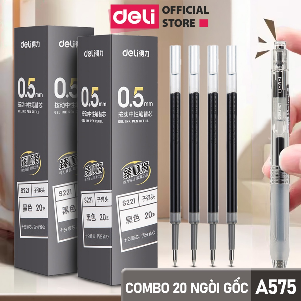 [VOUCHER 25%] Combo 20 Ruột Bút Gel S221 Ngòi Thay Bút Gel A575 Deli Thay Được Cho Bút Gel Bấm 0.5mm