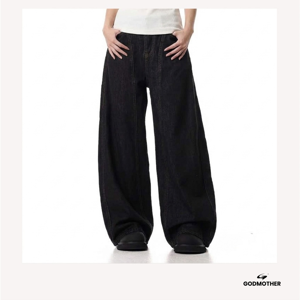 Quần Denim Đen Form Rộng GODMOTHER Quần Jean Cotton Ống Rộng Form Thụng Nam Nữ Unisex | BigBuy360 - bigbuy360.vn