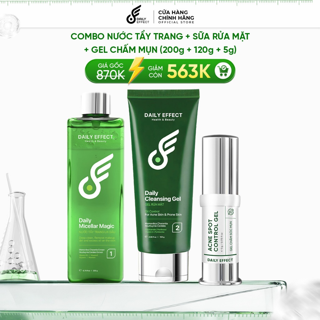 [Combo Nước Tẩy Trang + Sữa Rửa Mặt + Gel Chấm Mụn] - DAILY EFFECT (200ml + 120ml + 5g) Hỗ Trợ Giảm 