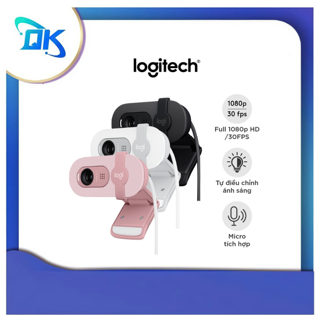 Webcam Full HD Logitech Brio 100 - Cân bằng ánh sáng, Mic, Màn chập, USB-A, cho Microsoft Teams, Goo