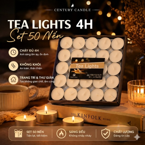 SET 50 VIÊN 4H Nến Bơ TeaLight Century Candle - Cháy Đủ 4 Giờ Không Khói Chất Lượng Cao Không Độc Xô