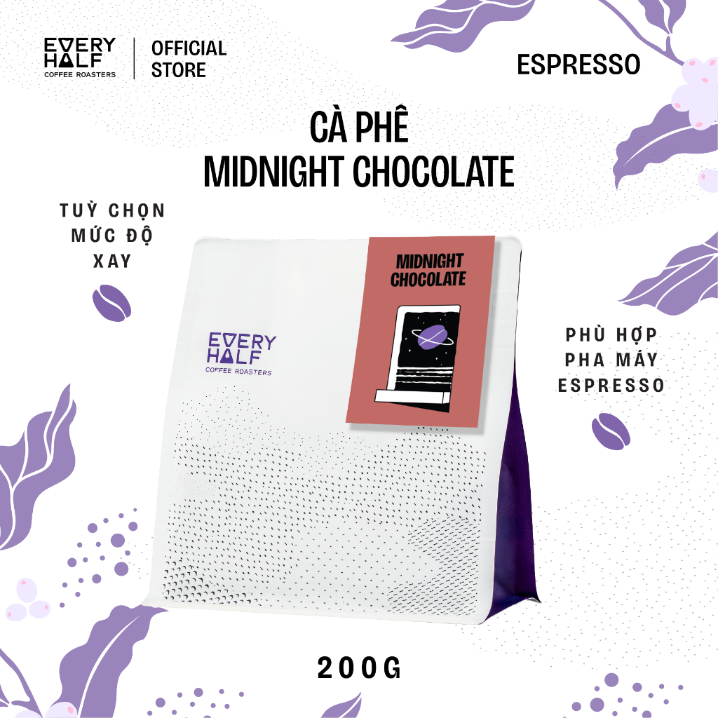Cà Phê Midnight Chocolate Medium Roast Phù Hợp Pha Phin và Pha Máy Every Half - Túi 200G