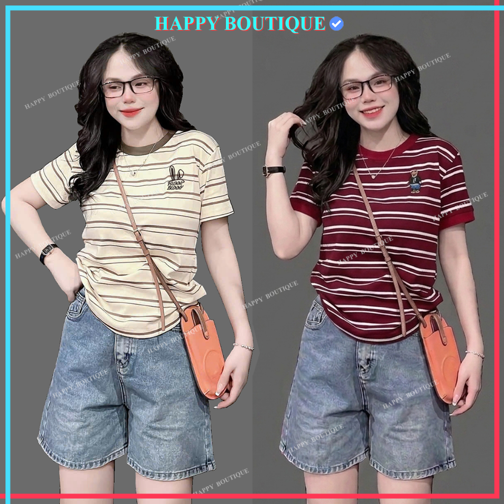 [40~60kg] Áo Thun Ôm Vừa Dáng Nữ [Mã S05] , Hình Thêu Cotton Mềm Mịn Co Dãn 4 Chiều [SỌC THỎ GẤU]