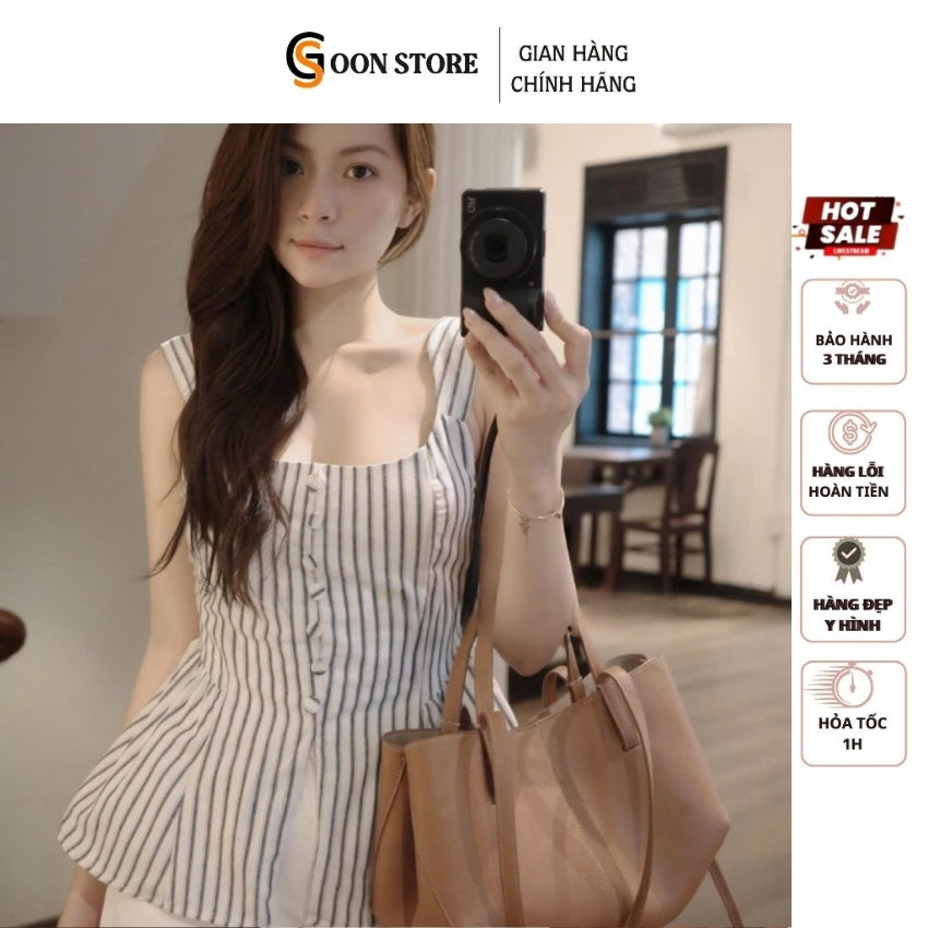 Áo 2 Dây Bản To Cài Cúc Trước GOON STORE, Áo Hai Dây Dáng Peplum Họa Tiết Kẻ Sọc Trơn