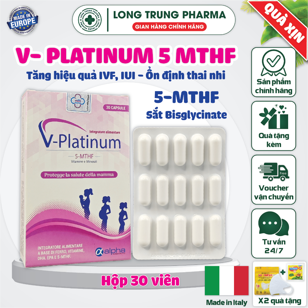V Platinum Bổ Sung 5 MTHF, Sắt Bisglycinate Tăng Khả Năng Thụ Thai, Giảm Nguy Cơ Dị Tật Thai Nhi 30v