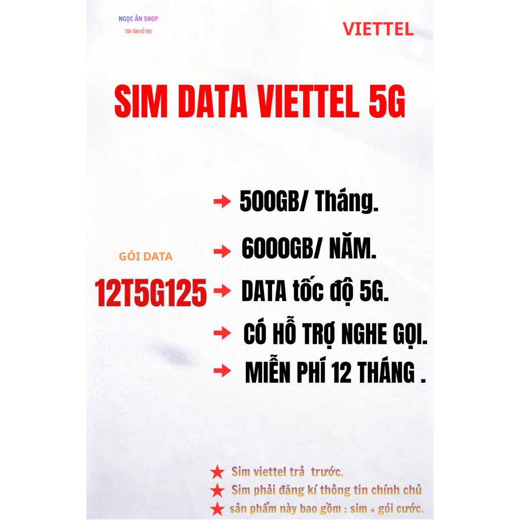 sim 5G viettel. 12T5G125. 500gb/tháng. 6000gb/năm.