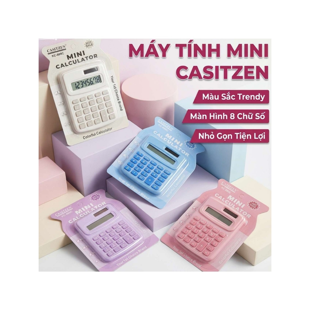 calculator mỹ Máy tính mini Casitzen - Màn hình 8 chữ số, màu sắc trend, nhỏ gọn tiện lợi