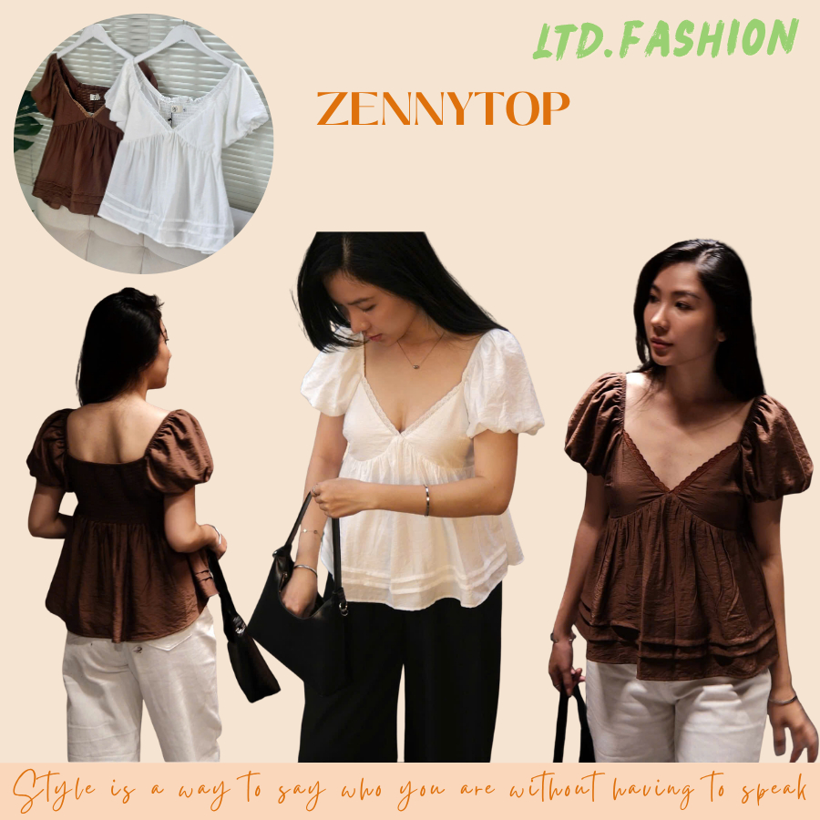 ZENNY TOP - ÁO CỔ TIM PHỐI REN TAY BỒNG KÈM LÓT LỤA  - LTD.FASHION