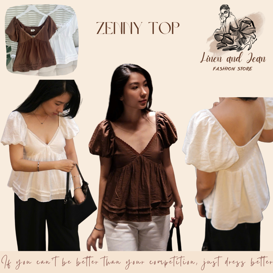 ZENNY TOP - ÁO CỔ TIM TAY BÍ CỔ PHỐI REN CÓ LÓT LỤA - LINEN AND JEAN