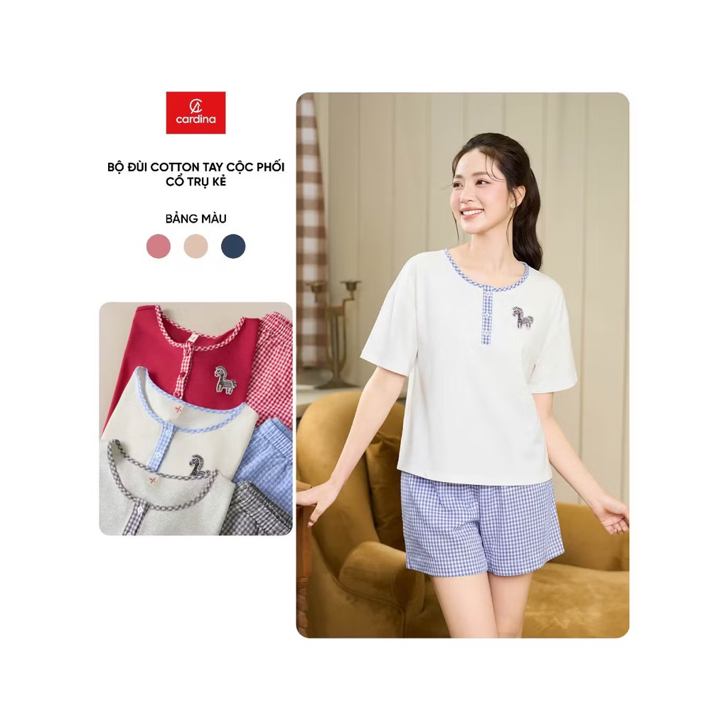 6BCN04 Đồ bộ mặc nhà nữ CARDINA áo cotton cộc tay phối cổ trụ kẻ và quần thô kẻ đùi 6BCN04
