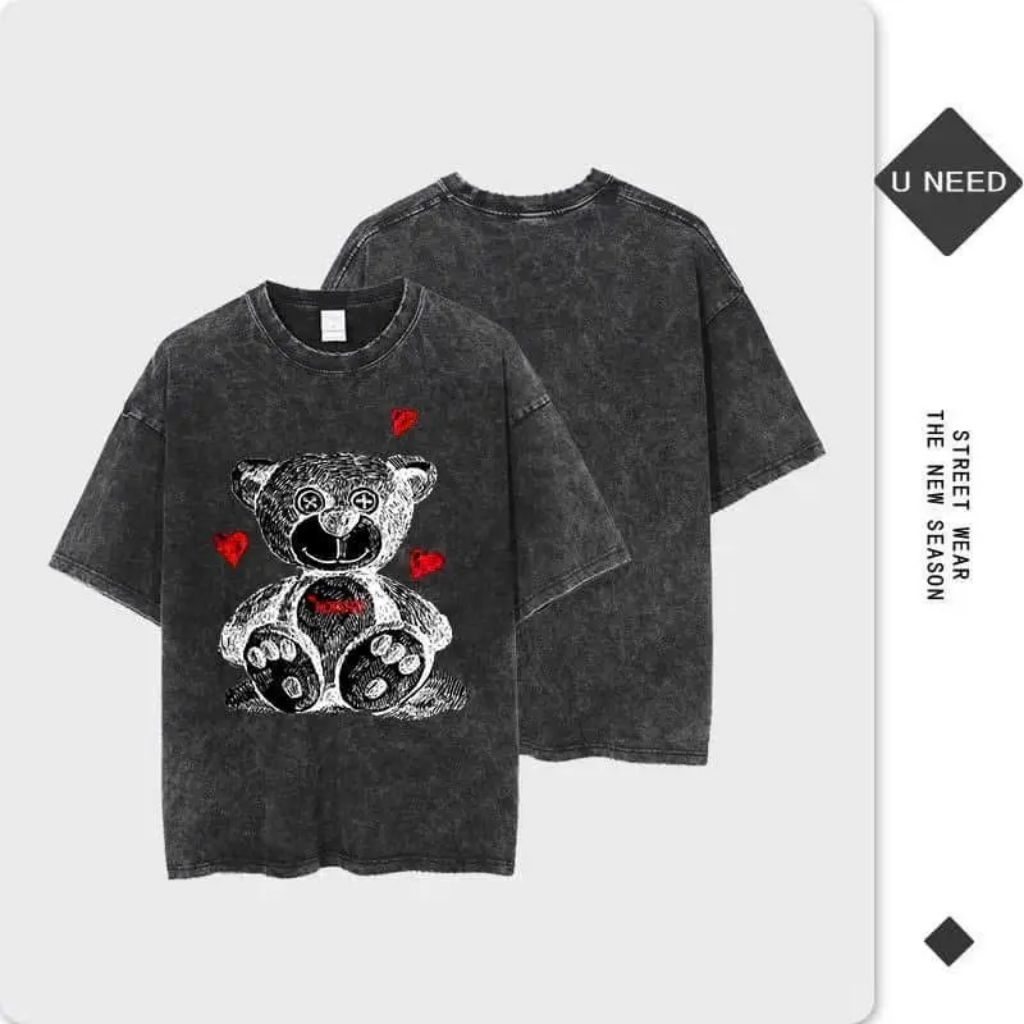 Áo Thun Oversize Wash Xám In Gấu Teddy Cá Tính – Form Rộng Unisex, Phong Cách Streetwear Cực Chất
