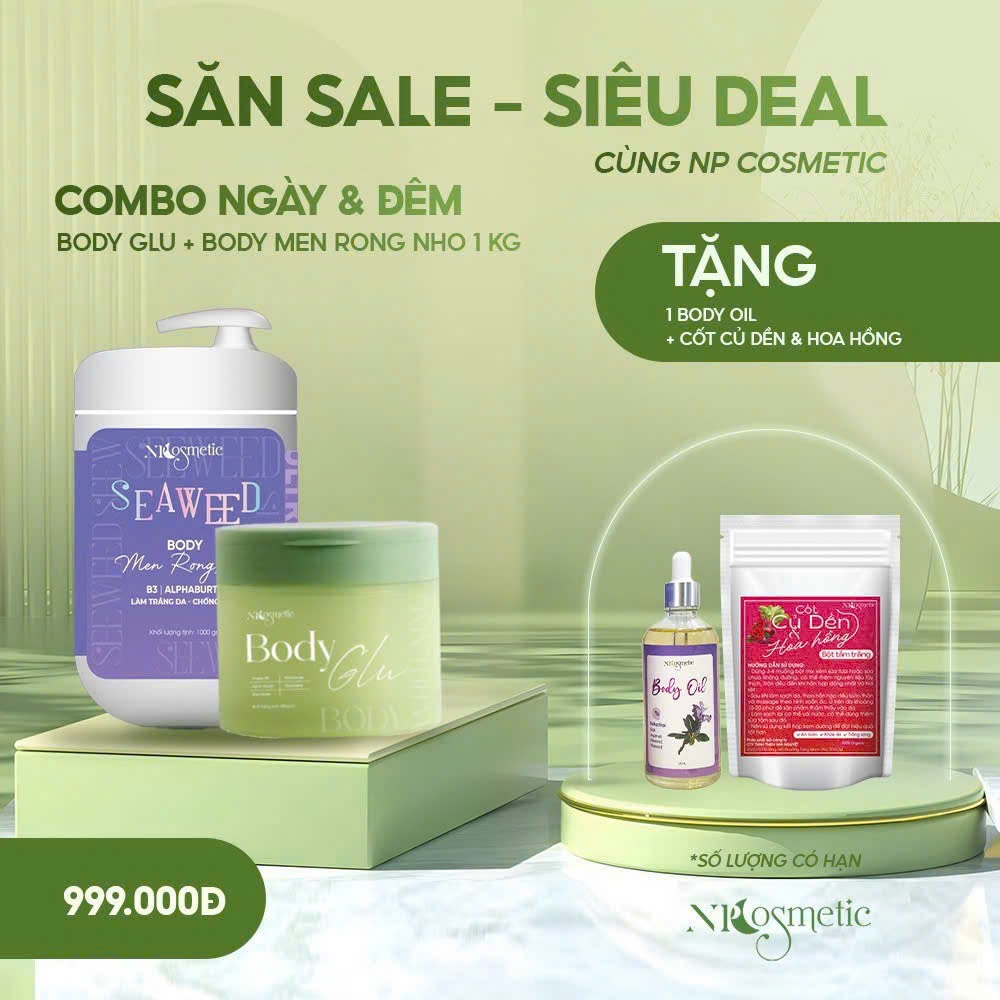 COMBO 1KG KEM BODY MEN RONG NHO & BODY ĐÊM GLU 200GRAM, KÍCH TRẮNG, NÂNG TONE, MAKEUP, MỜ THÂM SẠM