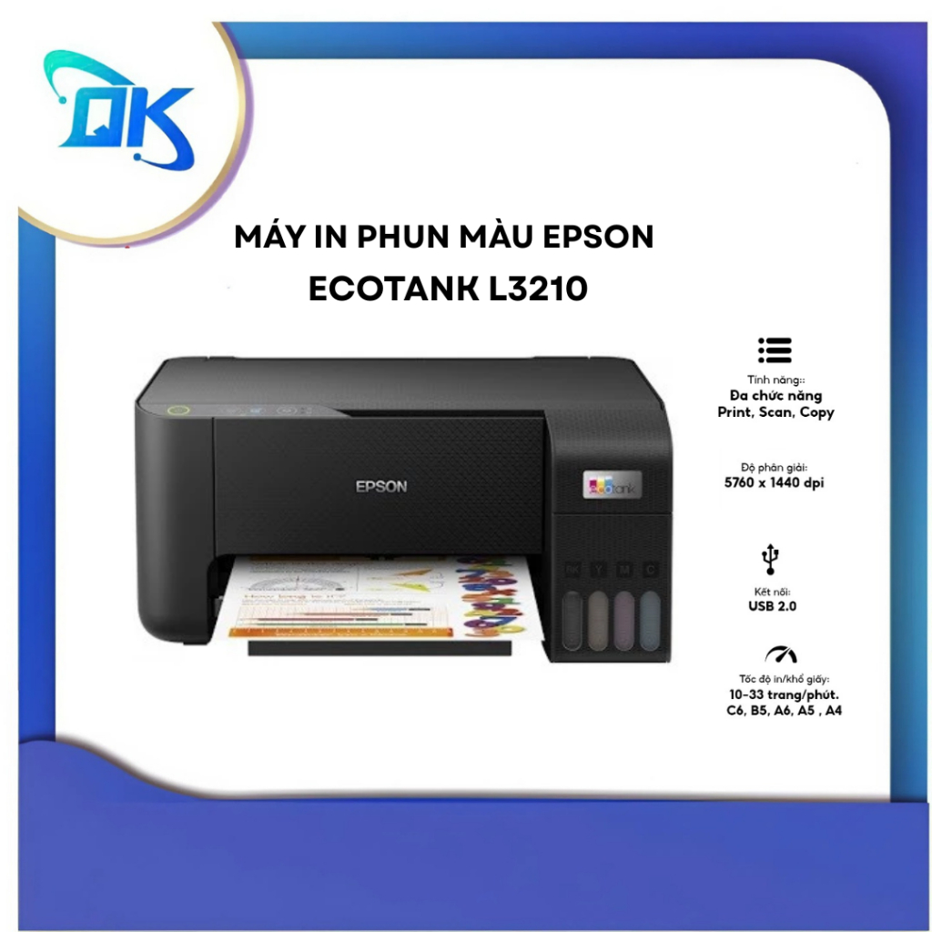 Máy in phun màu Epson EcoTank L3210 - In, Scan, Copy - BH Chính Hãng - Kèm 4 mực in Chính Hãng