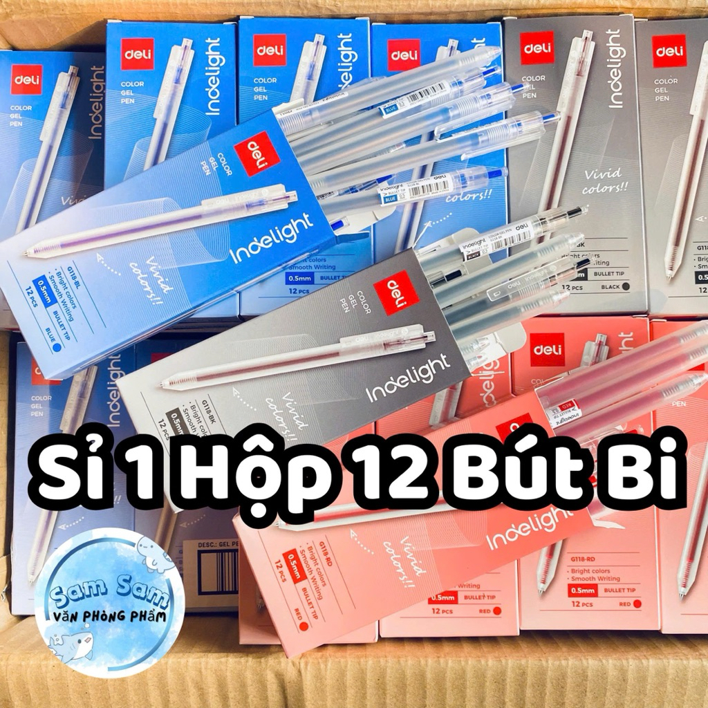 Sỉ 1 Hộp 12 Bút bi nước nhanh khô ( Mẫu Mới) Deli Ngòi 0,5mm , G118 viết êm mượt mà.