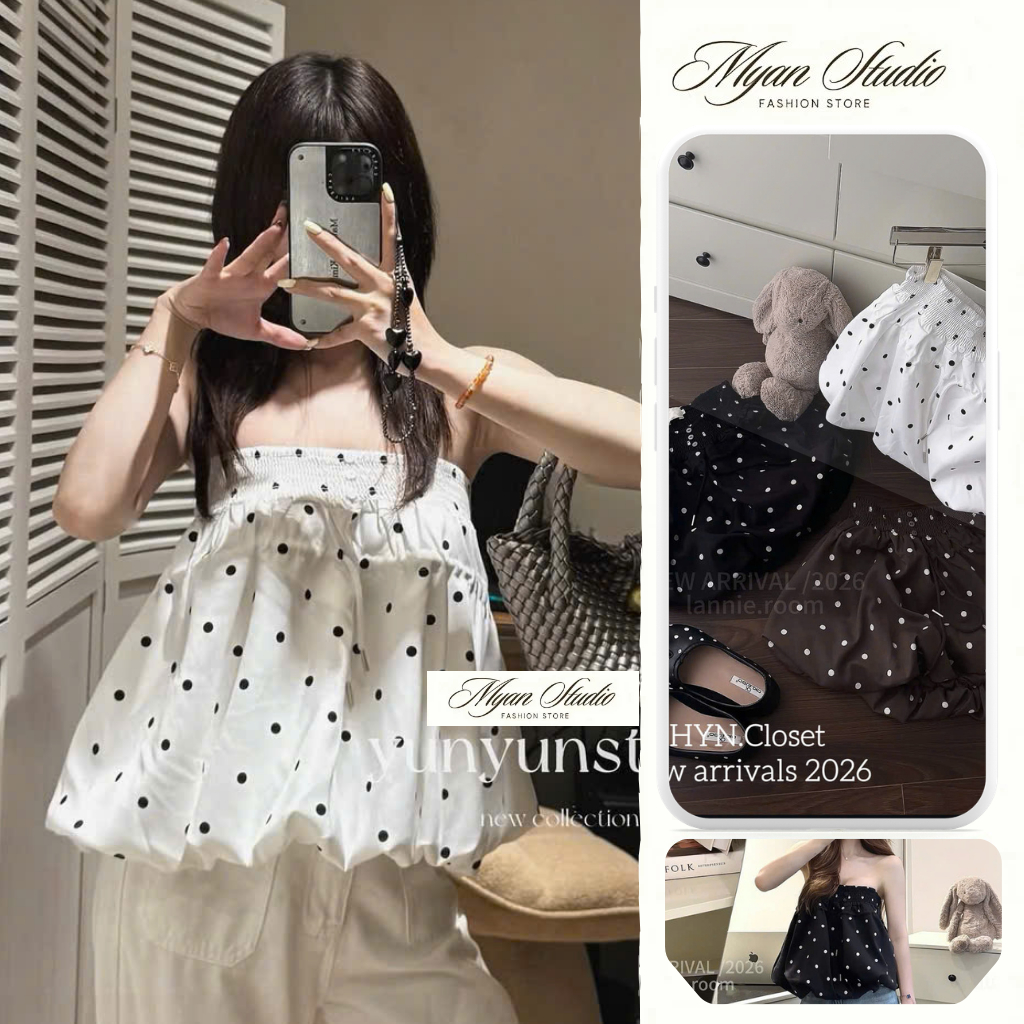 Áo chấm bi dáng bí siu hot 3 màu nâu trắng đen, hàng đẹp loại 1_Myan store