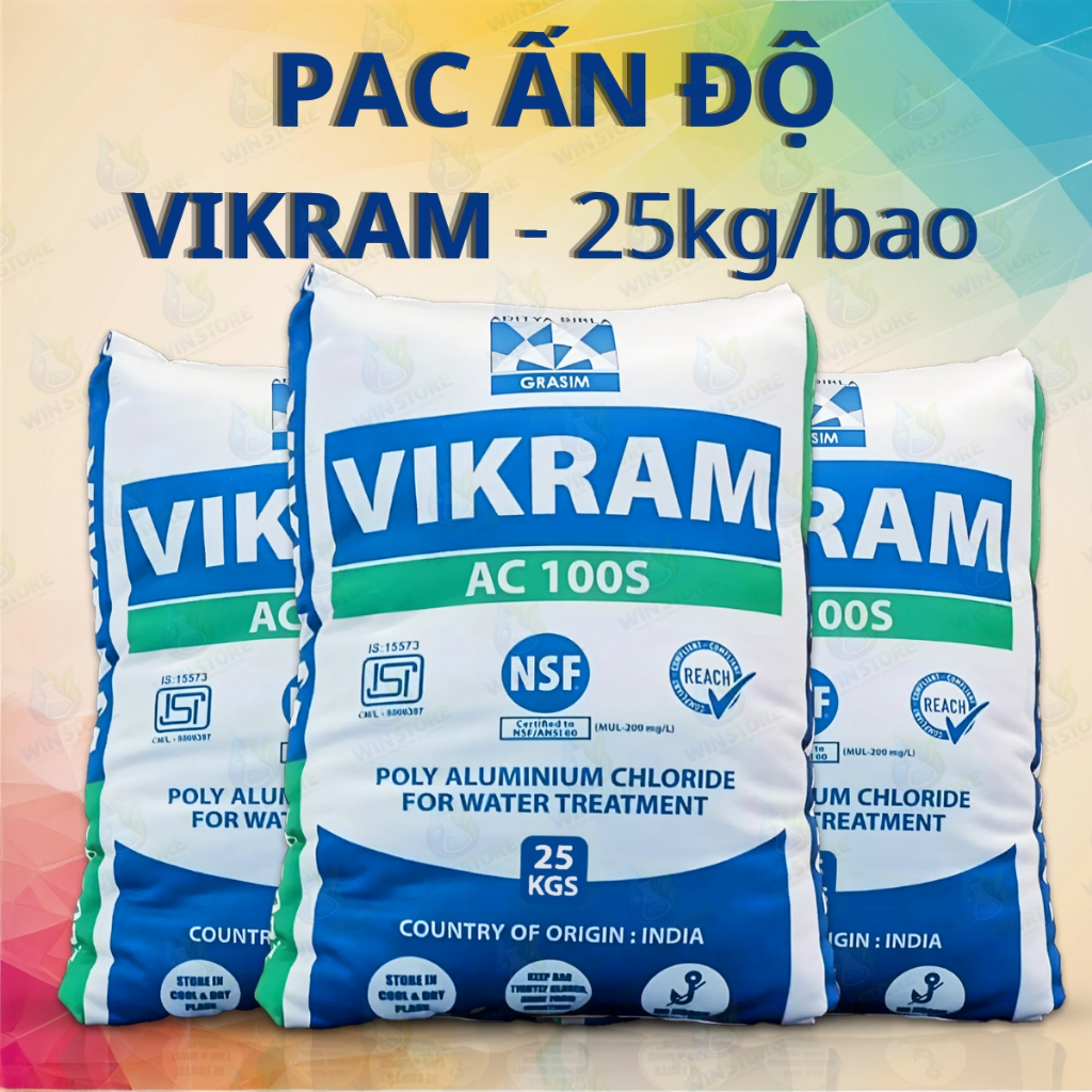 PAC Ấn Độ Vikram 25kg – Poly Aluminium Chloride – Chất Trợ Lắng Xử Lý Nước Ao Tôm Cá, Nước Sinh Hoạt