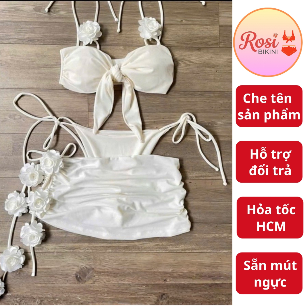 BiKiNi H.T Sét 3 Chi Tiết Bikini Đi Biển Đính Bông Nữ Tính Quyến Rũ Full Màu