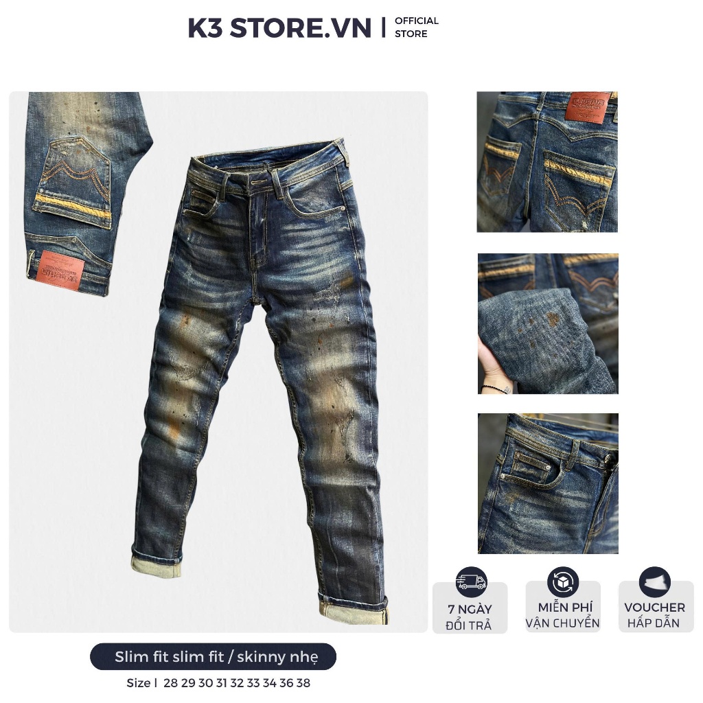 [K3 STORE VN] Quần Jean Guangzhou Nam Dài J4015-3K1947 Màu Xanh Đậm Was RETRO Dơ Phun Sơn Cam Mới