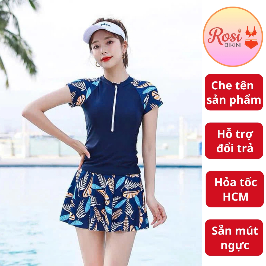 Bikini 2 mảnh đi biển váy xinh duyên dáng quần short trong xanh đen phối bông sẵn mút ngực | BigBuy360 - bigbuy360.vn