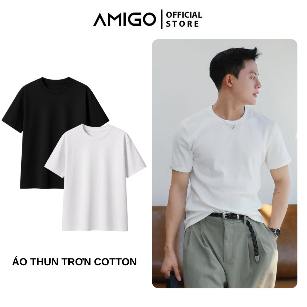 Áo Thun Trơn Form Vừa AMIGO Vải Cotton 2 Chiều Mềm Mịn, Thoáng Mát Nam Nữ Basic