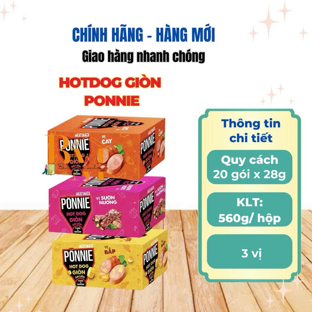 Hộp 20 Cây Xúc Xích HotDog Giòn PONNIE Vị Cay/Gò Lụa/Vị Bắp/sườn nướng/thạch dừa (20 Cây x 28g)