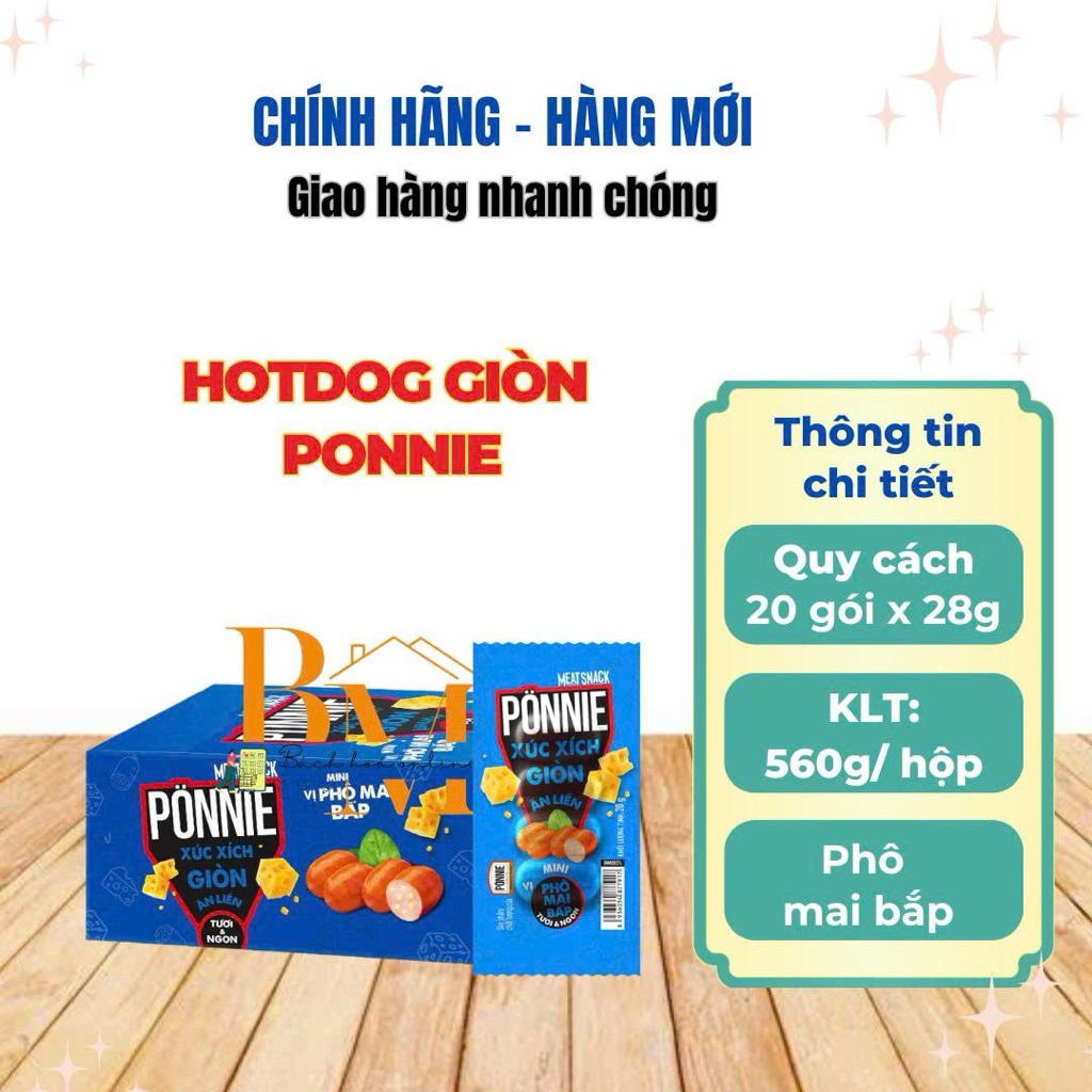 Hộp 20 Cây Hotdog Ponnie Giòn Ăn Liền Vị Phô Mai Bắp 28gr